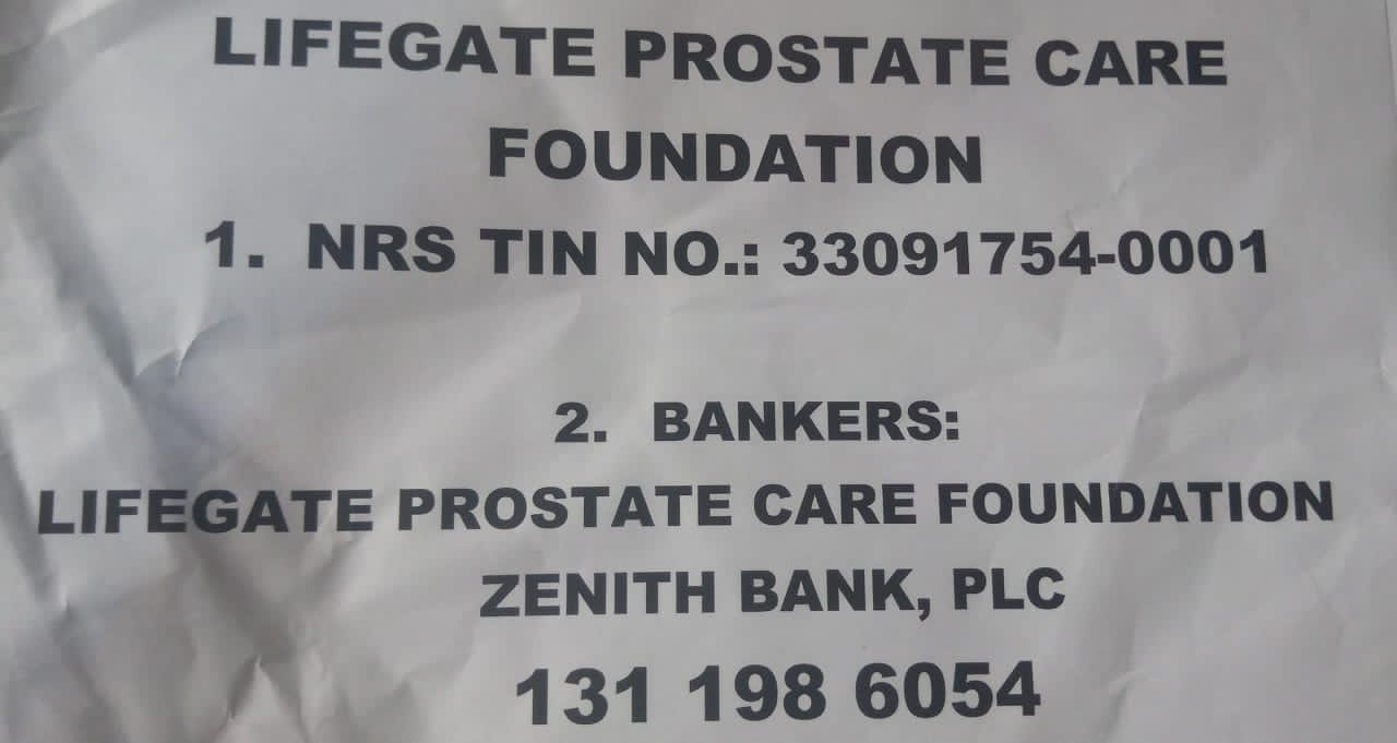 Lifegate Prostate Care Foundation bank account details